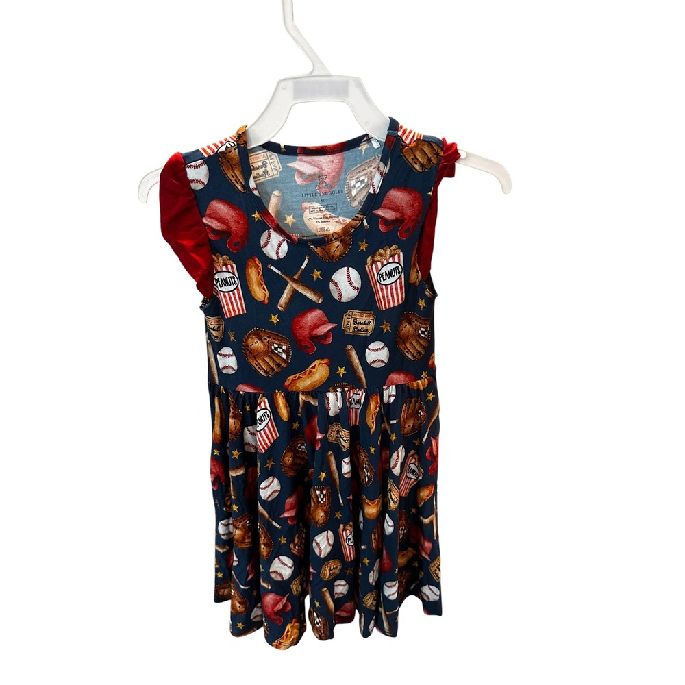 Little Snuggles Bamboo Viscose Baseball Print Ruffle Dress Navy Red 4T